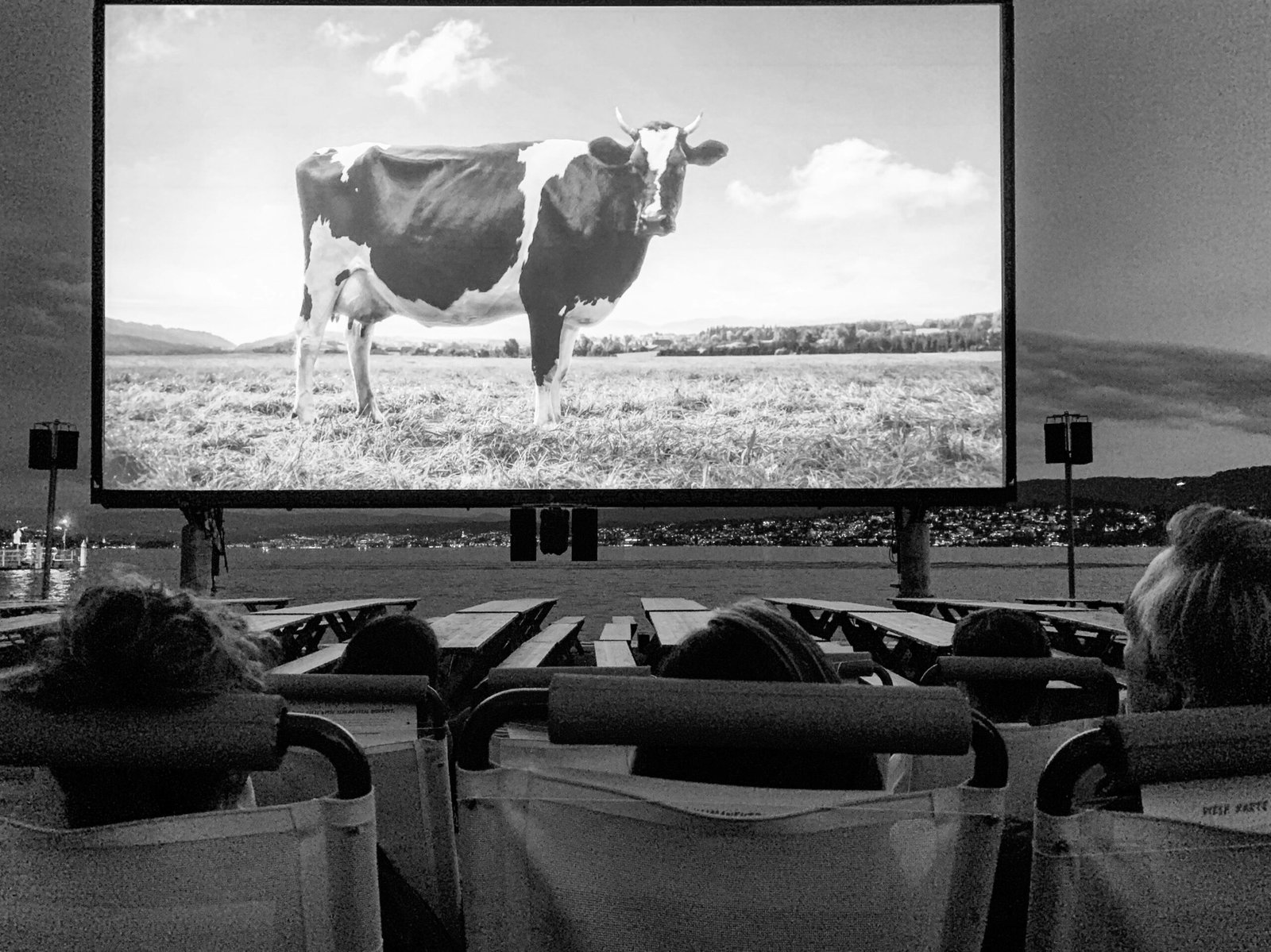 a group of people watching a movie on a large screen