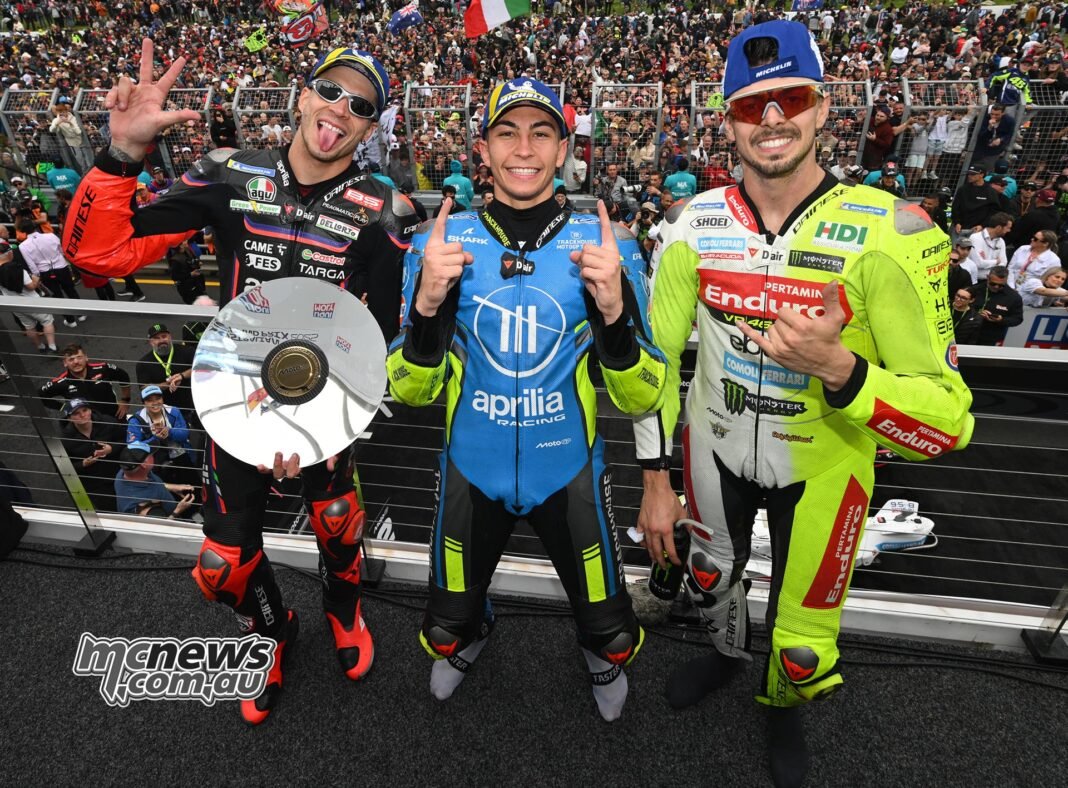 2025-MotoGP-Rnd19-Australia-PhillipIsland-Sun-Podium-Raul-Fernandez-Digi-Bezzecchi-2